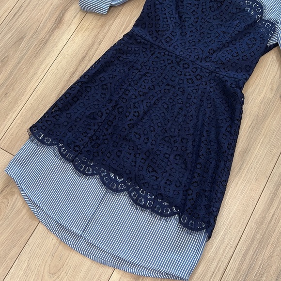 New BCBGMaxAzria Kaylin Striped Shirt Lace Bodice Dress - Picture 5 of 12